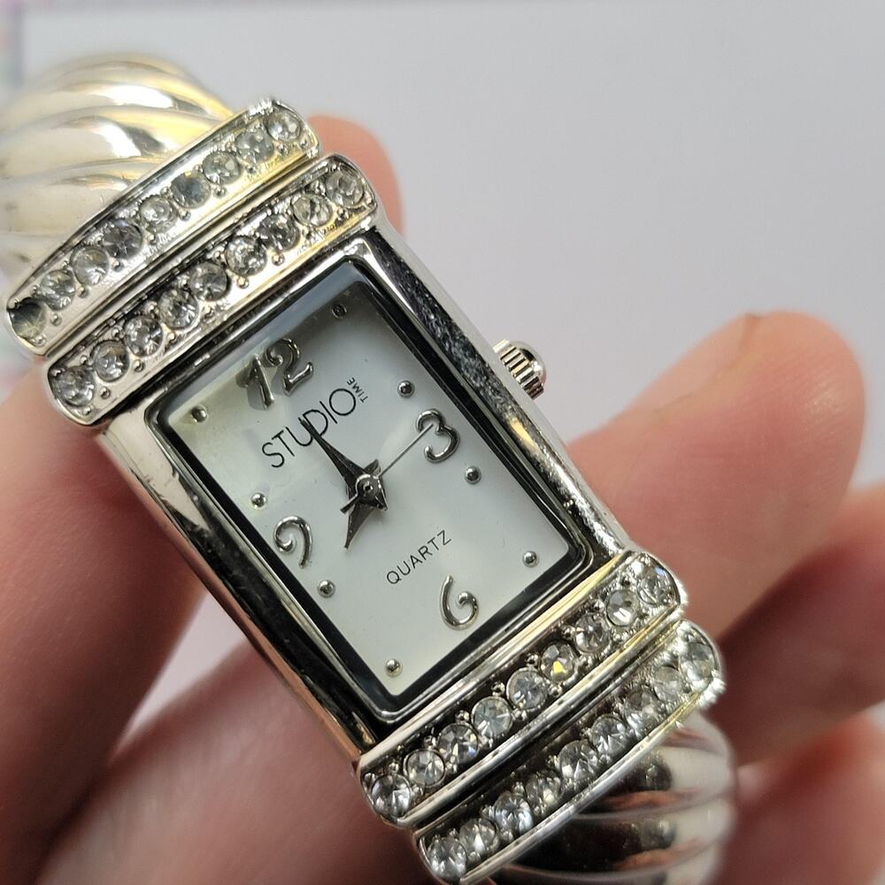 Vintage Studio Womens Watch White Dial Silver Case Gemmed Bangle Quartz Analog